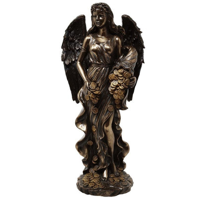 Figur Fortuna, Göttin des Glücks und Reichtums, 29 cm mit Füllhorn – personalisierte Gravur als Geschenk, elegante Dekoration aus Harz-Konglomerat in Braun- und Kupfertönen