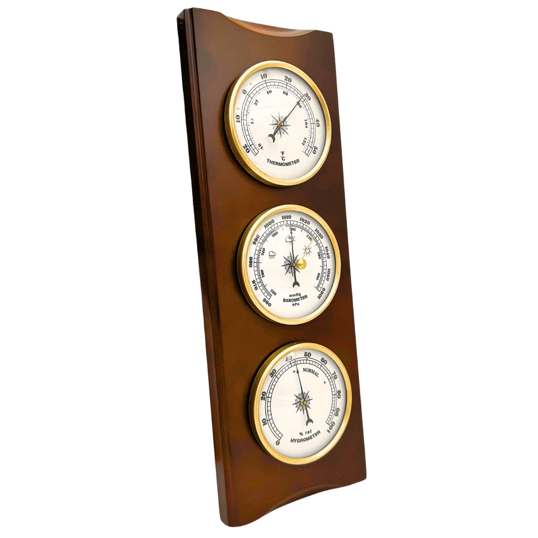Elegante Retro-Wetterstation 36 cm mit Gravur – Barometer, Thermometer, Hygrometer im Holzgehäuse