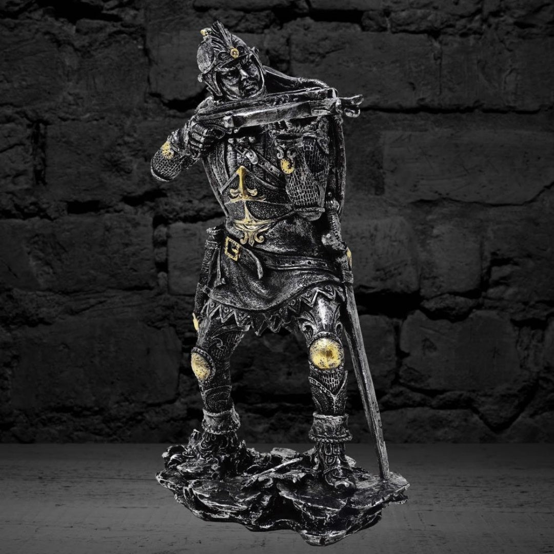 Figur Mittelalterlicher Ritter mit Armbrust 20 cm mit personalisierbarer Gravur - Silber-goldene Dekoration als Geschenk für Geschichts- und Fantasy-Fans - Handbemalt aus Polyresin
