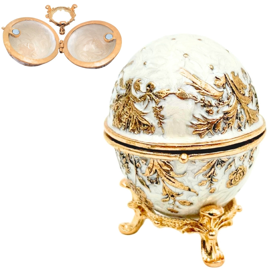 Exklusive Fabergé-Ei Schmuckschatulle aus Metall mit Kristallen in Weiß-Gold mit Gravur-Personalisierung  