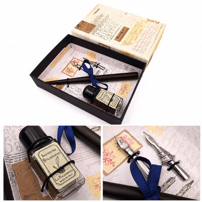 Kalligrafie-Set mit personalisierter Gravur – italienischer Federhalter mit zwei Federn und Tintenfass, ideal als Geschenk – elegante Verpackung 12,5x8,5x3 cm  