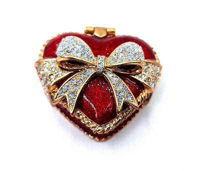 Metall-Schmuckbox in Herzform mit Kristallen, rot-gold-silber, personalisierbare Gravur, ideales romantisches Geschenk, Maße 4,8 x 4 x 2,5 cm  
