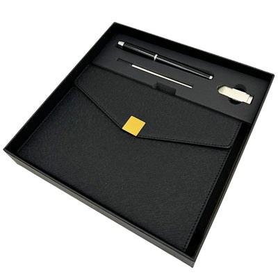 Elegantes Premium-Geschenkset mit Personalisierung – Leder-Notizbuch A5, Kugelschreiber und 16GB USB-Stick in schwarz-goldener Box