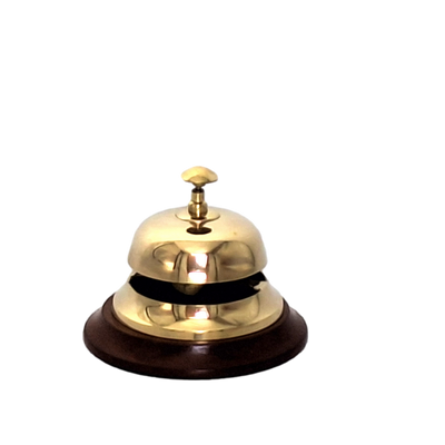 Messing-Hotelgong auf Holzsockel TB27/4 mit der Möglichkeit der Personalisierung durch Gravur, elegantes Geschenk in Gold- und Braunfarben, Höhe 11 cm, Durchmesser 12 cm