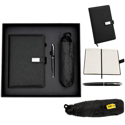 Elegantes Geschenkset mit Personalisierung - Leder-Notizbuch A5, Kugelschreiber und schwarzer Regenschirm in Geschenkbox