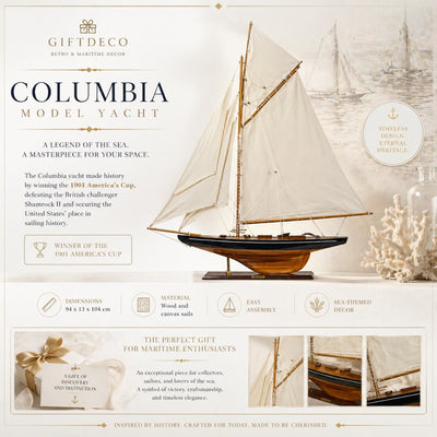 Modell der Yacht Columbia mit Gaffelsegel, Höhe 104 cm, aus Holz, mit Personalisierung durch Gravur
