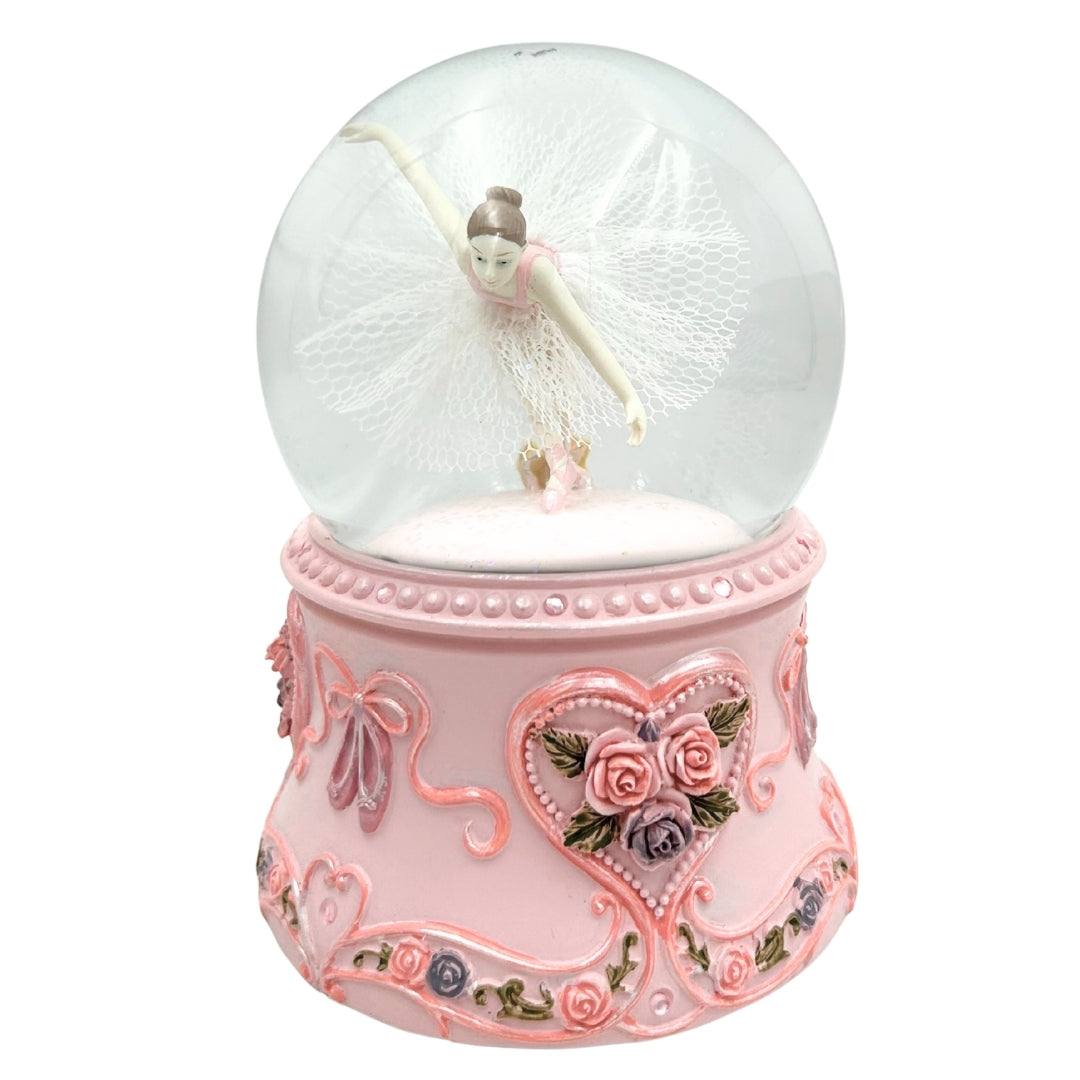 Tanzende Ballerina in einer 15 cm Glaskugel mit personalisierter Gravur – Elegante Spieluhr mit pastellfarbenem Sockel und Melodie Schwanensee