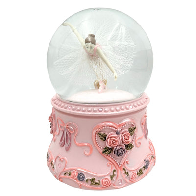 Tanzende Ballerina in einer 15 cm Glaskugel mit personalisierter Gravur – Elegante Spieluhr mit pastellfarbenem Sockel und Melodie Schwanensee