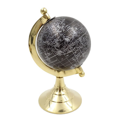 Dekorativer Globus Black & Gold mit personalisierbarer Gravur – elegantes Geschenk, Höhe 20 cm, Messingfuß, schwarze Karte mit silbernen Beschriftungen