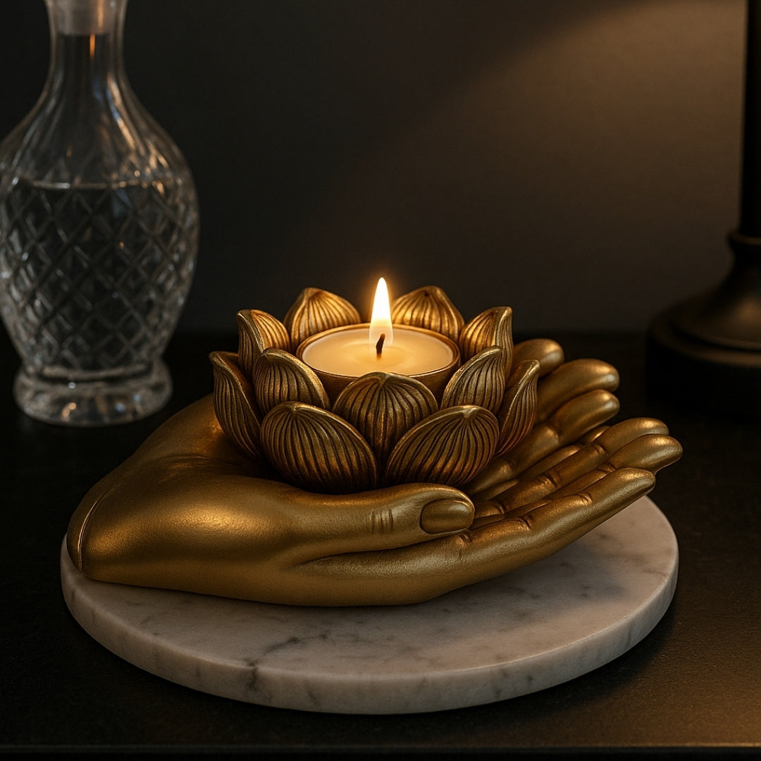 Goldener Glamour-Teelichthalter mit personalisierbarer Gravur – elegantes Deko-Element 11,5 x 9,4 x 4,8 cm aus Polyresin  