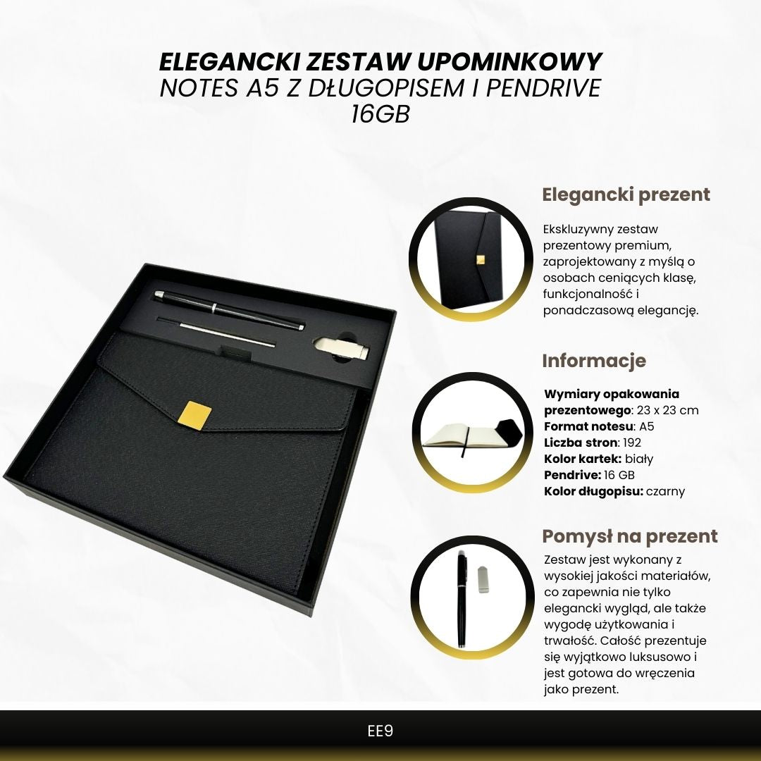 Elegantes Premium-Geschenkset mit Personalisierung – Leder-Notizbuch A5, Kugelschreiber und 16GB USB-Stick in schwarz-goldener Box