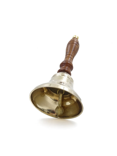 Handglocke Messing mit Holzgriff im Retro-Stil – personalisierte Gravur, ideal als Geschenk – Höhe 16 cm, Durchmesser 7,5 cm, Gold und Braun