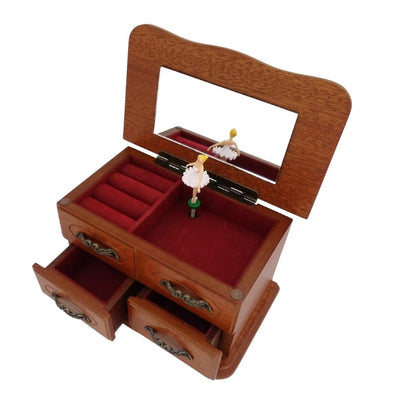 Musik-Schmuckkästchen aus Holz mit Spiegel und Gravur - elegantes Geschenk für Schmuck mit zwei Schubladen, Höhe 10cm, Melodie „The Entertainer“