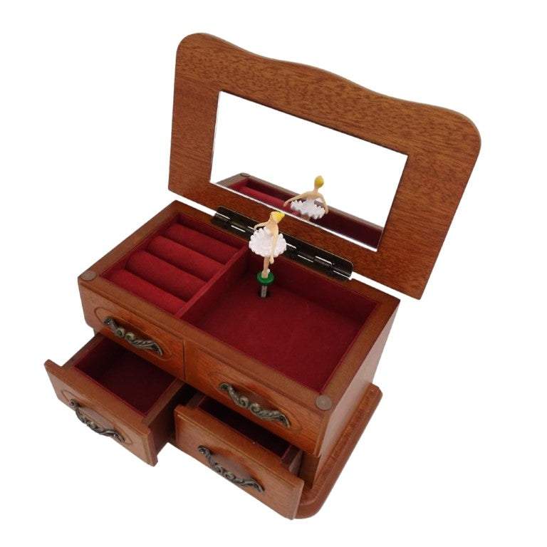 Musik-Schmuckkästchen aus Holz mit Spiegel und Gravur - elegantes Geschenk für Schmuck mit zwei Schubladen, Höhe 10cm, Melodie „The Entertainer“