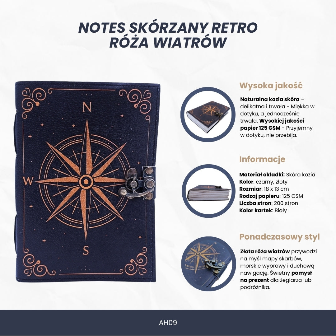 Retro Leder-Notizbuch Windrose Schwarz-Gold mit personalisierter Gravur