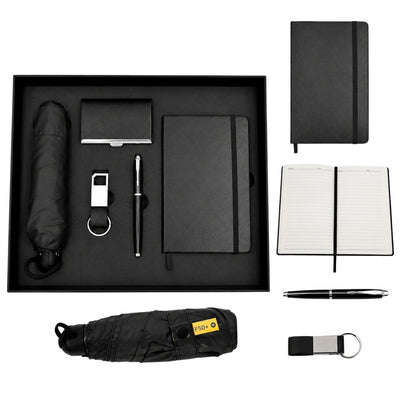 Elegantes Geschenkset Classico mit Personalisierung - Leder-Notizbuch A5, Regenschirm, Kugelschreiber, Visitenkartenetui und Schlüsselanhänger in ästhetischer Geschenkbox