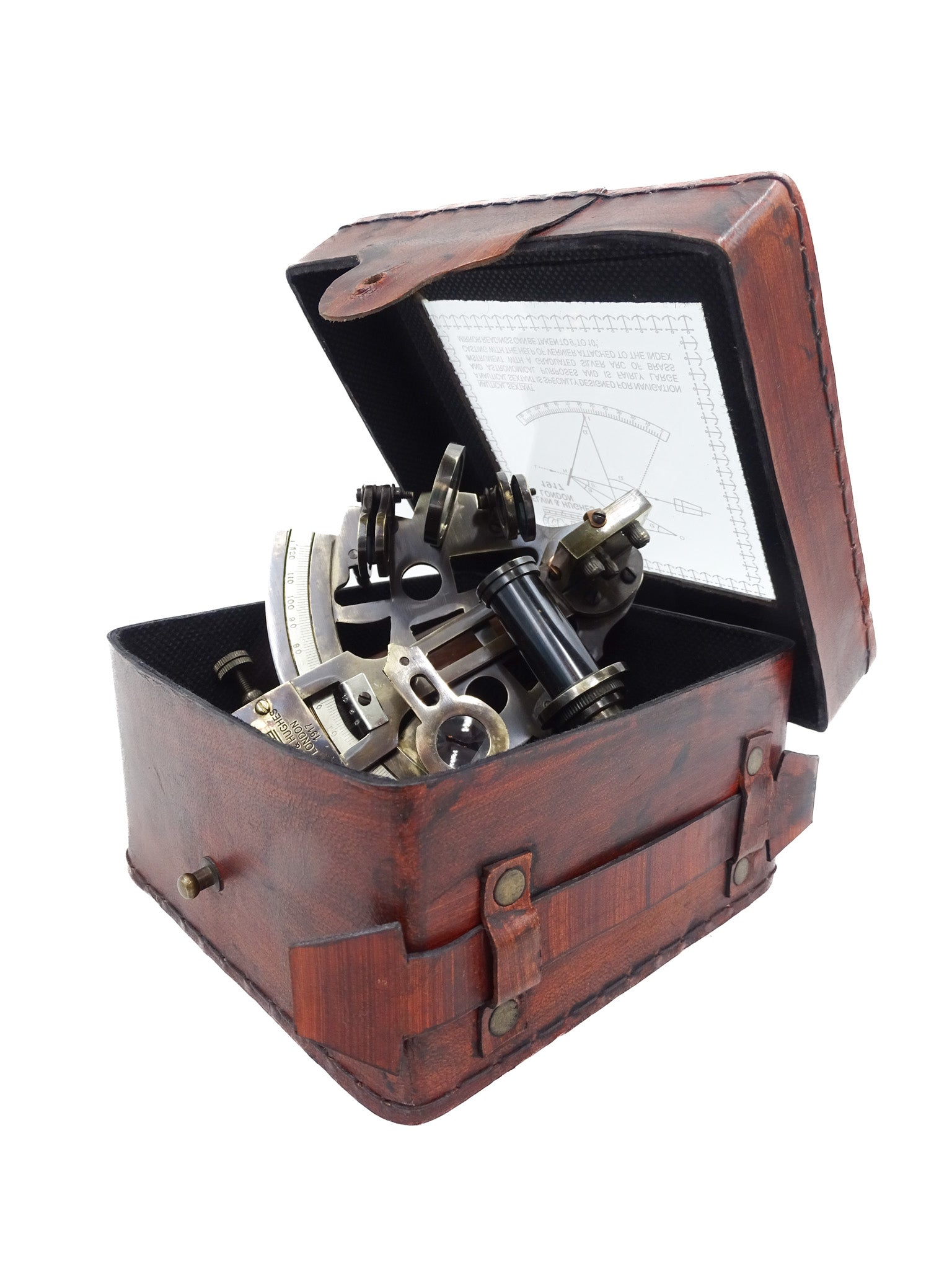 Messing-Sextant mit Gravur in Lederbox – Replik von 1917, ideal als Geschenk für Segler und Astronomen, Maße 13x12x6 cm, Antik, Material: Messing und Glas
