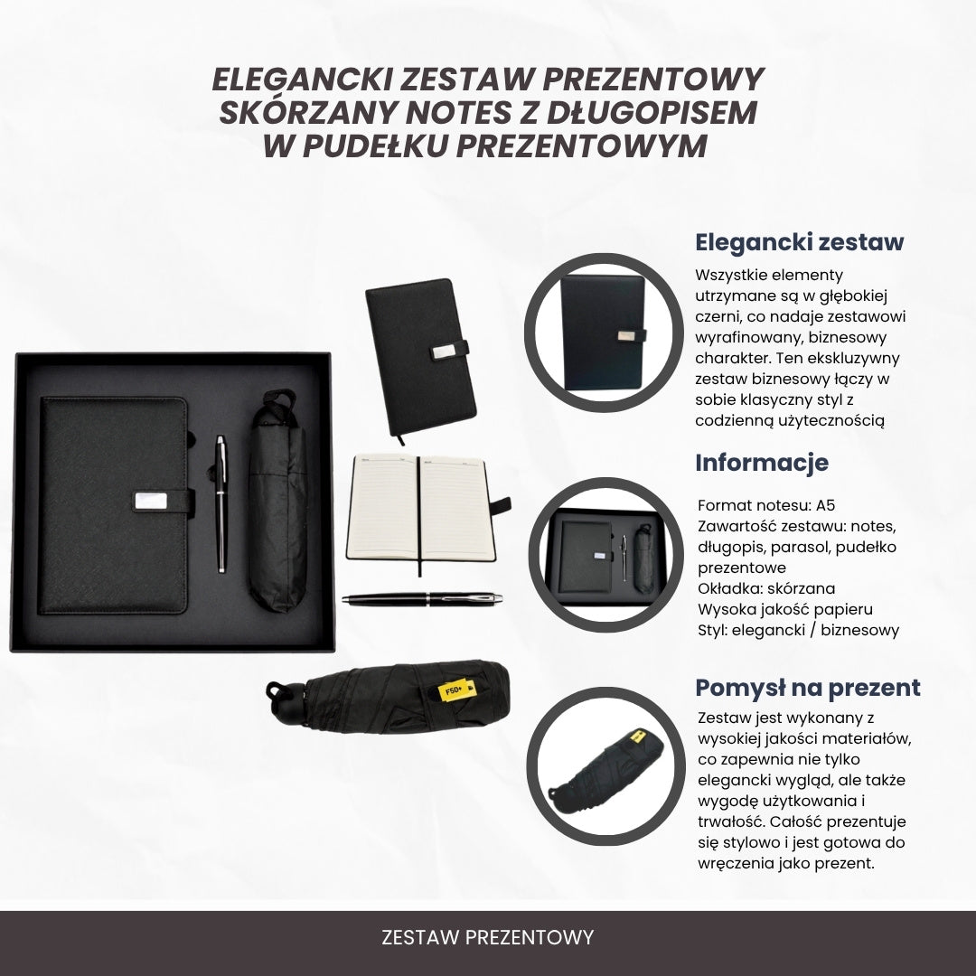 Elegantes Geschenkset mit Personalisierung - Leder-Notizbuch A5, Kugelschreiber und schwarzer Regenschirm in Geschenkbox
