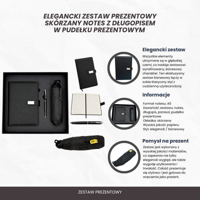 Elegantes Geschenkset mit Personalisierung - Leder-Notizbuch A5, Kugelschreiber und schwarzer Regenschirm in Geschenkbox