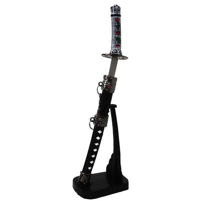 Personalisierter Brieföffner in Form eines Samuraischwerts mit Gravur auf Ständer, 21 cm hoch
