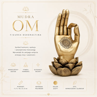 Goldene Figur Hand von Buddha Mudra OM mit Gravur - elegante Dekoration als Geschenk - Lotusblume, 21 cm, Polyresin, Glamour-Stil