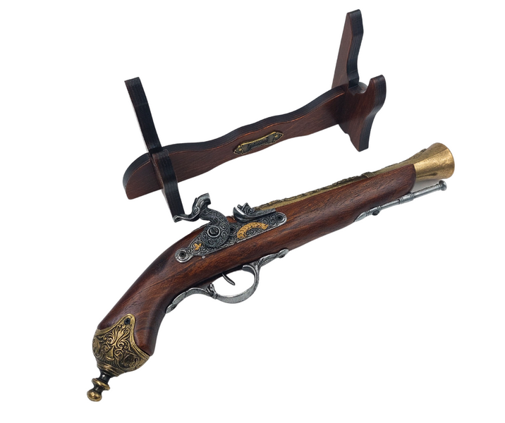 Replik einer Steinschlosspistole aus dem 18. Jahrhundert auf Ständer mit personalisierbarer Gravur – elegantes Deko-Element und ideales Geschenk für Geschichtsliebhaber – aus Metall und Holz, Länge 38 cm