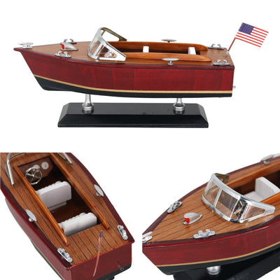 Modell eines Holz-Motorboots mit Gravur – klassisches Motorboot 26 cm in tiefen Holztönen