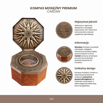Exklusiver magnetischer Kardang-Kompass H43 aus Messing und Holz mit personalisierbarer Gravur