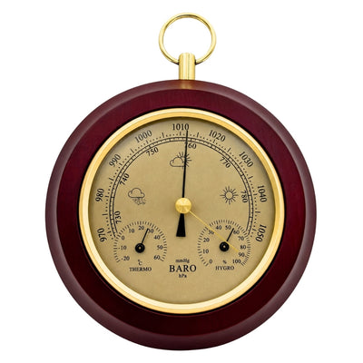 3-in-1 Wetterstation YG386 mit Gravur - Elegantes Thermometer, Barometer und Hygrometer in rundem Holzgehäuse