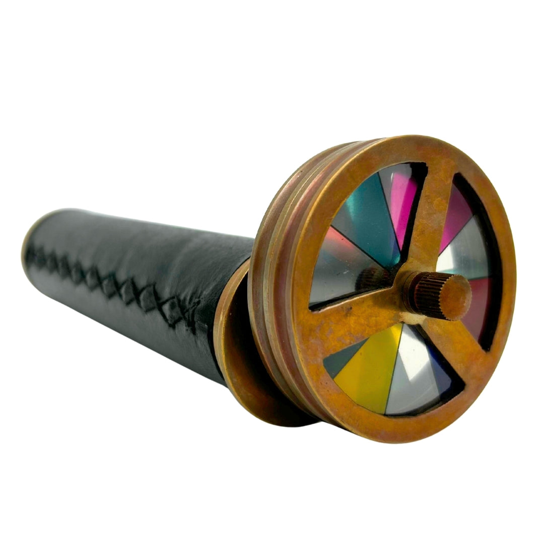 Retro-Kaleidoskop aus Messing und Leder mit personalisierbarer Gravur – elegantes Geschenk, Höhe 18 cm, Durchmesser 5,5 cm