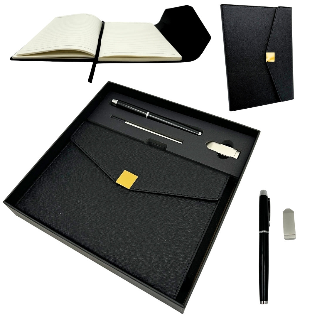 Elegantes Premium-Geschenkset mit Personalisierung – Leder-Notizbuch A5, Kugelschreiber und 16GB USB-Stick in schwarz-goldener Box