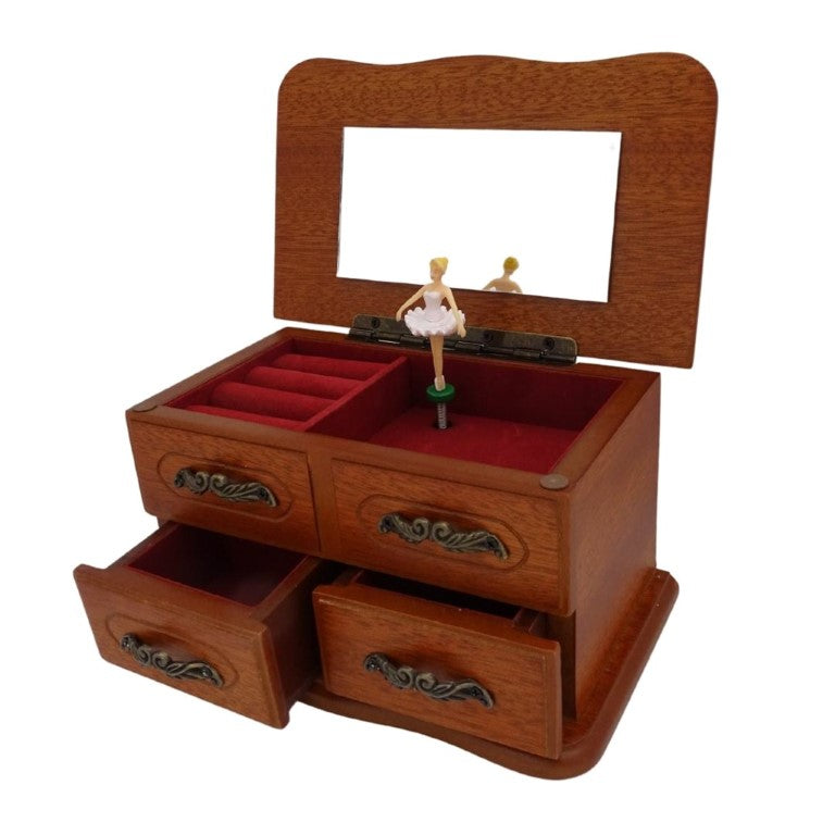 Musik-Schmuckkästchen aus Holz mit Spiegel und Gravur - elegantes Geschenk für Schmuck mit zwei Schubladen, Höhe 10cm, Melodie „The Entertainer“