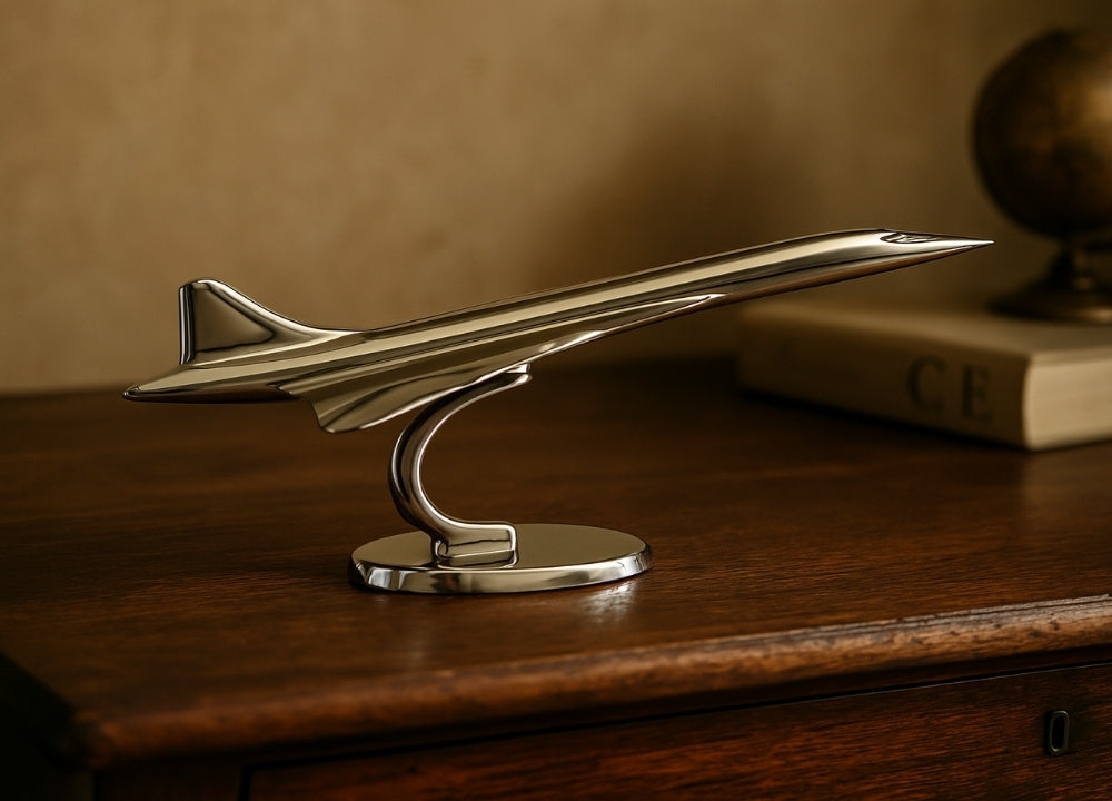 Metallmodell des Flugzeugs Concorde in Silber mit personalisierbarer Gravur