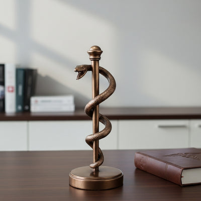 Äskulapstab-Figur 30 cm aus Harz - personalisiertes Geschenk für Ärzte, Krankenschwestern oder Apotheker - braune/ messingfarbene Dekoration mit Gravur