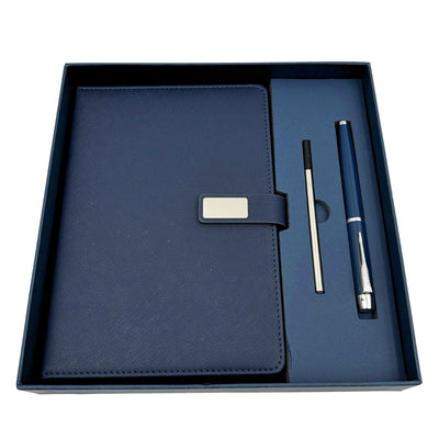 Elegantes dunkelblaues Leder-Notizbuch A5 mit Kugelschreiber und personalisierter Gravur in Geschenkbox