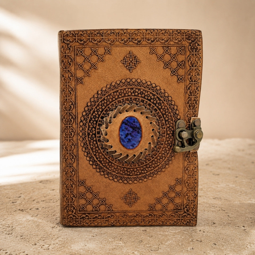 Retro-Ledernotizbuch mit Stein – personalisiertes Notizbuch mit Gravur – Büffelleder, braun, 18x13 cm