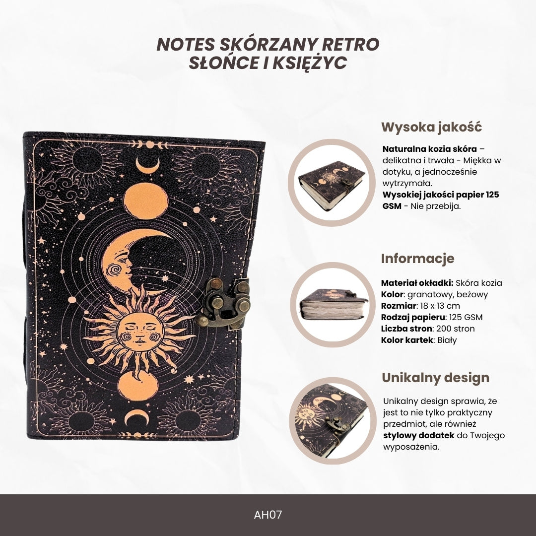 Dekoratives Leder-Notizbuch Sonne und Mond 200 Seiten mit Personalisierung durch Gravur, marineblau, aus Ziegenleder, ideal als Geschenk