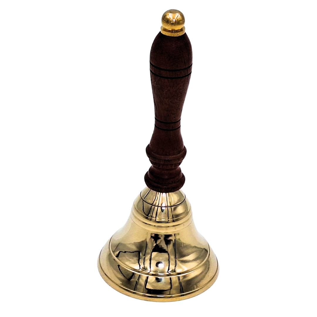 Handglocke Messing mit Holzgriff im Retro-Stil – personalisierte Gravur, ideal als Geschenk – Höhe 16 cm, Durchmesser 7,5 cm, Gold und Braun