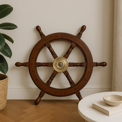 Holz-Steuerrad 45 cm mit Messingmitte – personalisierte Gravur – Retro maritime Dekoration als Geschenk für Segler oder Meeresliebhaber