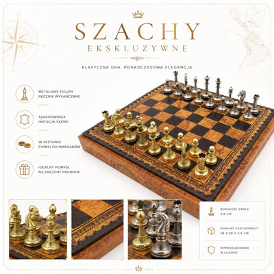 Exklusive Metall-Schachfiguren Italfama 28x28 cm mit personalisierbarer Gravur, braun-schachbrettmuster, Figuren gold-silbrig