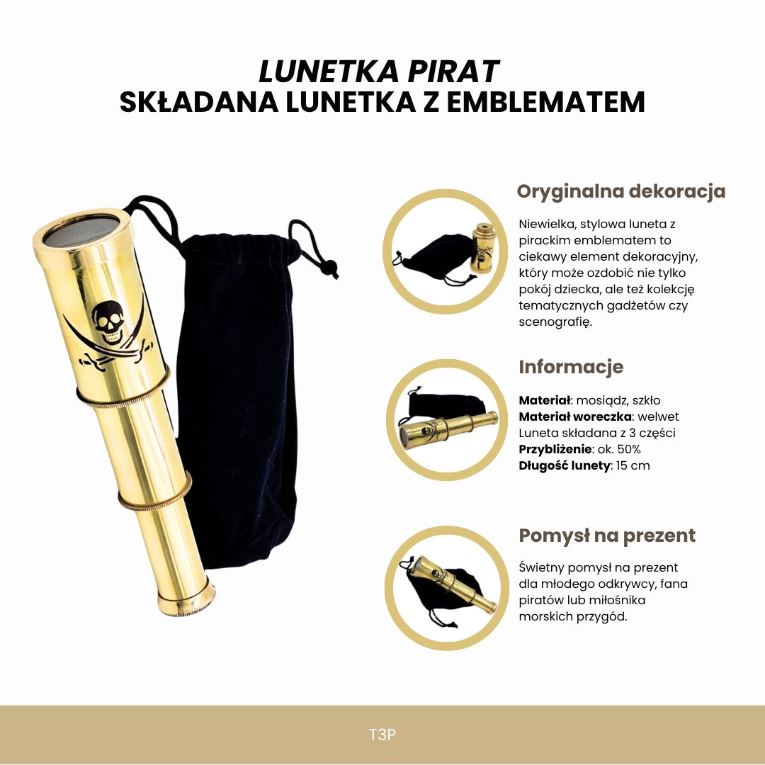 Piratenteleskop mit Emblem – klappbares Messingteleskop mit Gravur – perfektes Geschenk für junge Meeresentdecker – Höhe 15 cm, Set mit Samtbeutel