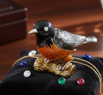 Metallbox in Vogel-Form mit Kristallen, personalisierbar mit Gravur, ideales Geschenk - schwarz, silber, braun, orange, Maße 5x6x5 cm, Material: Metall, Emaille, Kristall  