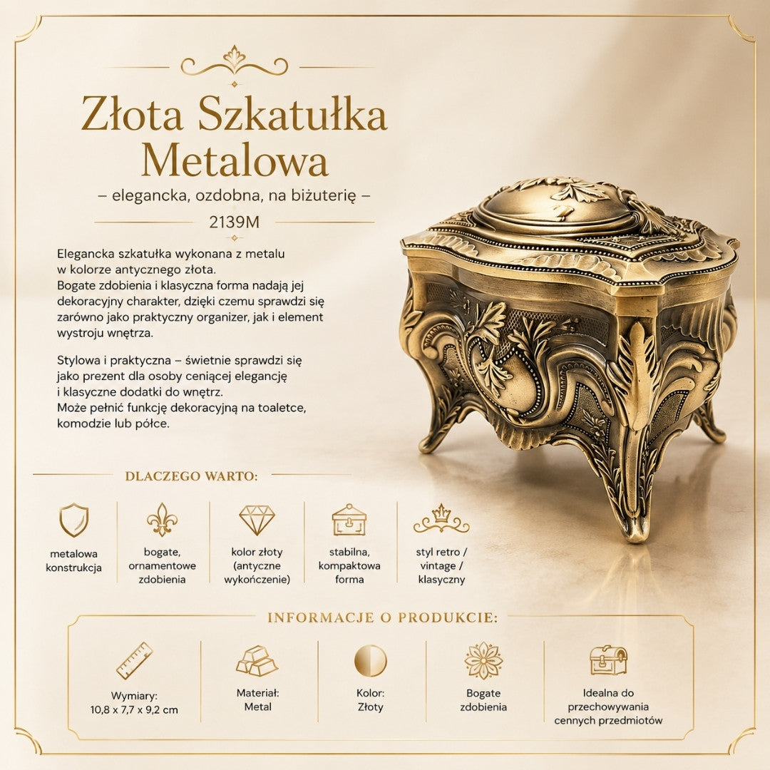 Goldene Retro-Metall-Schmuckschatulle mit personalisierbarer Gravur – elegant und reich verziert, ideal als Geschenk – Maße: 10,8 x 7,7 x 9,2 cm, massiv und eindrucksvoll, perfekt zur Aufbewahrung wertvoller Gegenstände