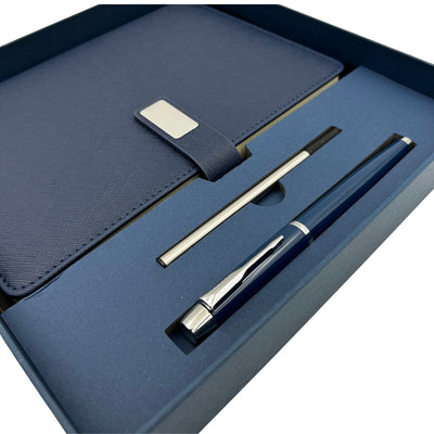 Elegantes dunkelblaues Leder-Notizbuch A5 mit Kugelschreiber und personalisierter Gravur in Geschenkbox