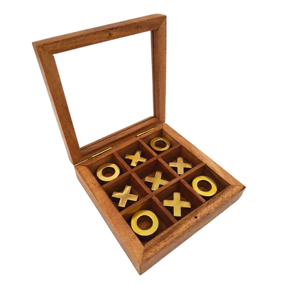 Elegantes Tic-Tac-Toe im Glasdeckel-Kästchen mit Gravurpersonalisierung - Luxuriöses Set aus Holz und Messing, ideal als Geschenk für Lehrer und Schulleiter - Maße 12,5 x 12,5 x 2,5 cm