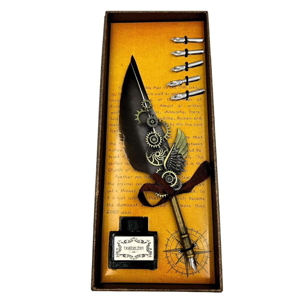 Elegantes Retro Kalligraphie-Set mit grauer Gänsefeder, 6 Federn, 15ml Tinte und Gravur-Personalisierung  
