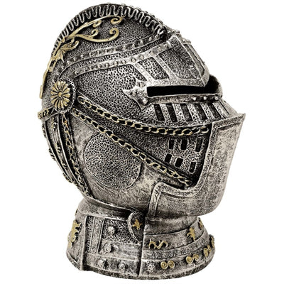 Dekorative Spardose Ritterhelm mit Gravur – antikes Silber, 13 cm