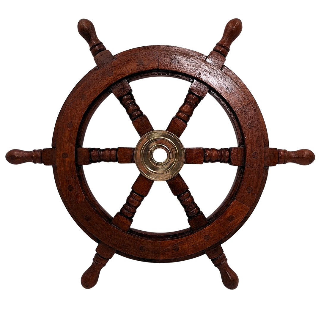Holz-Steuerrad 45 cm mit Messingmitte – personalisierte Gravur – Retro maritime Dekoration als Geschenk für Segler oder Meeresliebhaber