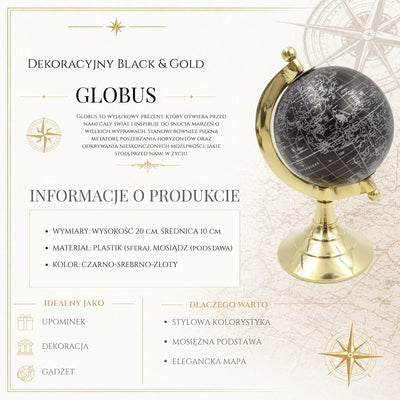 Dekorativer Globus Black & Gold mit personalisierbarer Gravur – elegantes Geschenk, Höhe 20 cm, Messingfuß, schwarze Karte mit silbernen Beschriftungen