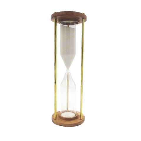 Sanduhr aus Messing und Holz 30min mit Möglichkeit zur Personalisierung durch Gravur - elegantes Geschenk für jeden Anlass, Höhe 30,5cm, weißer Sand, klassische Materialien